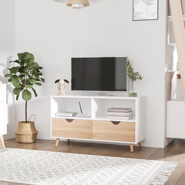 Mobile TV 2 Cassetti 2 Ripiani 99x39x58 cm in Legno Bianco