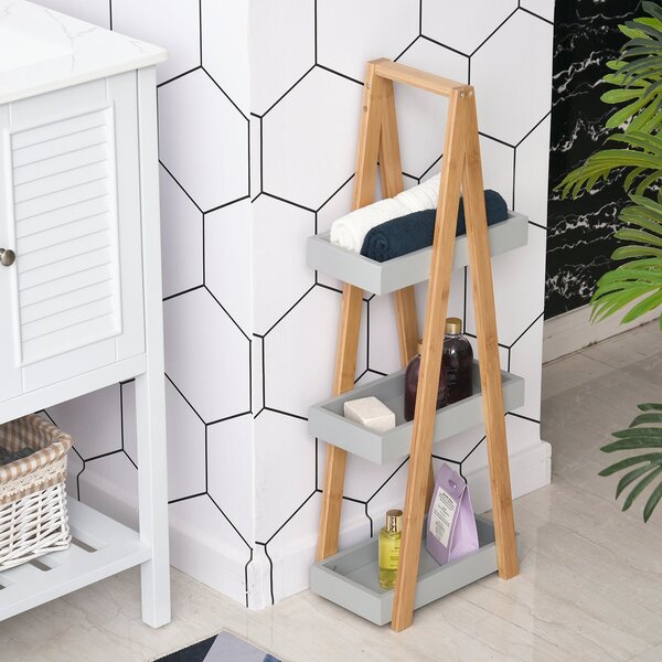 Scaffale Soggiorno Bagno 3 Ripiani in MDF e Bamboo Grigio