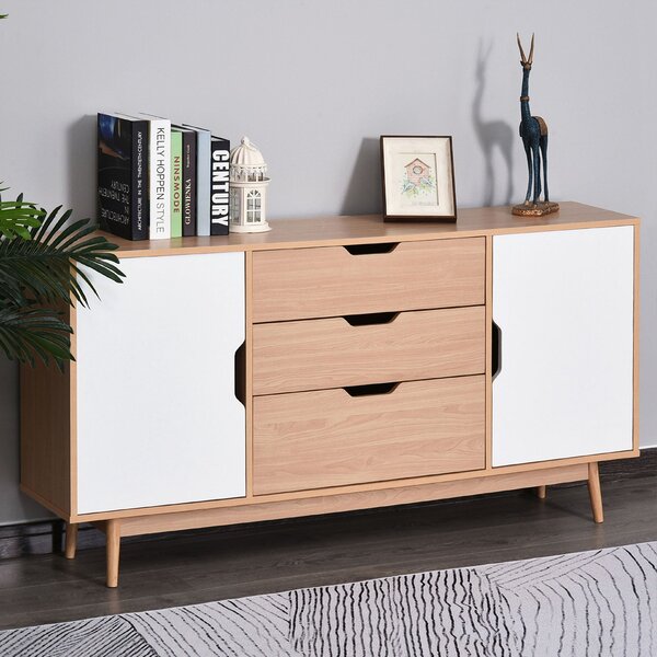 Madia 2 Ante 3 Cassetti Design Scandinavo in Legno Rovere 145x30x75 cm Bianca e Naturale