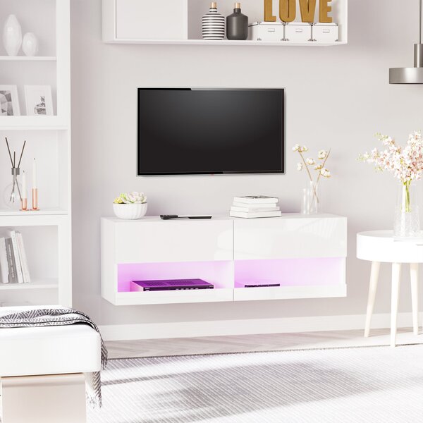 Mobile TV Sospeso con Luci a LED 120x35x40,5 cm in MDF Bianco Lucido
