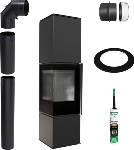 Stufa a libera installazione KRATKI REN BLACK L Sinistra 7 kW Ø150 Set di installazione