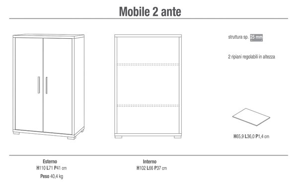Mobile 2 Ante 71x110x41 cm Ossido Bianco/Cemento