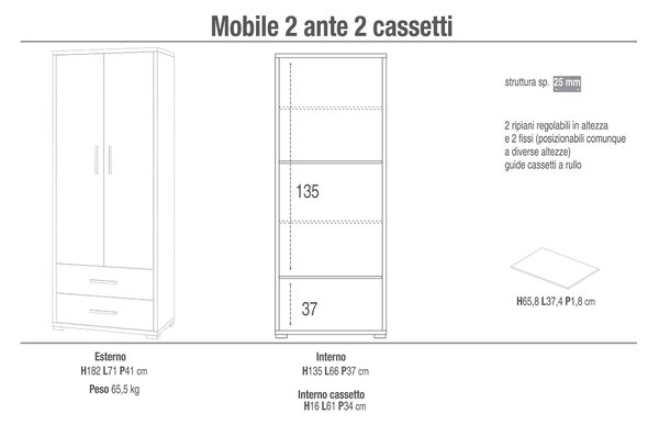 Armadio 2 Ante 2 Cassetti 71x182x41 cm Cemento