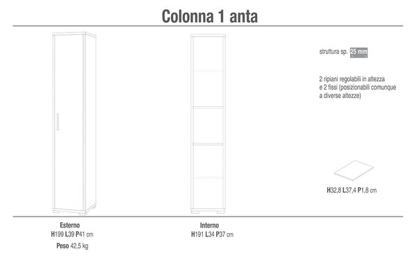 Armadio 1 Anta 39x199x41 cm Cemento