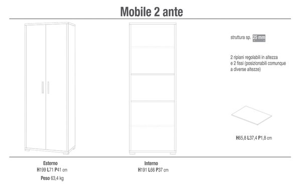 Armadio 2 Ante 71x199x41 cm Cemento