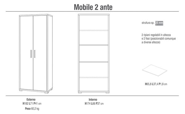 Mobile 2 Ante 71x182x41 cm Ossido Bianco/Cemento