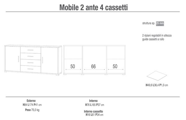 Mobile 2 Ante 4 Cassetti 174x84x41 cm Ossido Bianco/Cemento