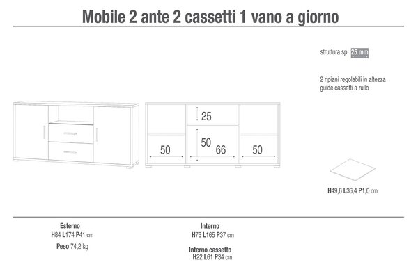 Mobile 2 Ante 2 Cassetti 174x84x41 cm Ossido Bianco