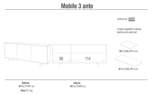Mobile 3 Ante 177x74x41 cm Ossido Nero/Bianco Lucido