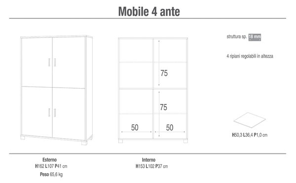 Mobile 4 Ante 107x162x41 cm Bianco Fiammato/Bianco Lucido