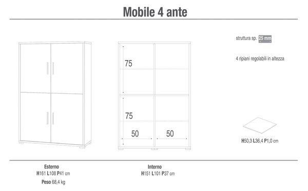 Mobile con 4 Ante 108x161x41 cm Cemento