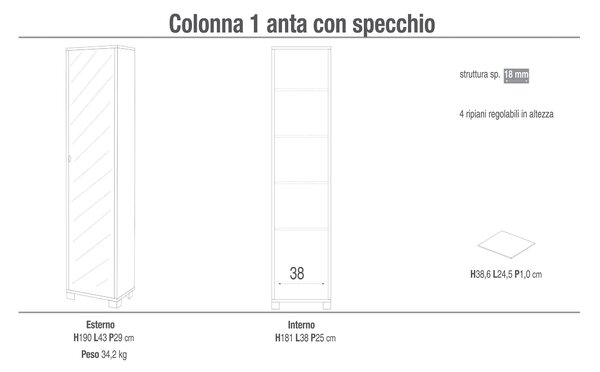 Armadio 1 Anta con Specchio 43x190x29 cm Cemento