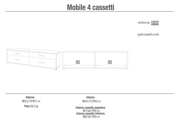 Mobile con 4 Cassetti 179x50x47 cm Cemento