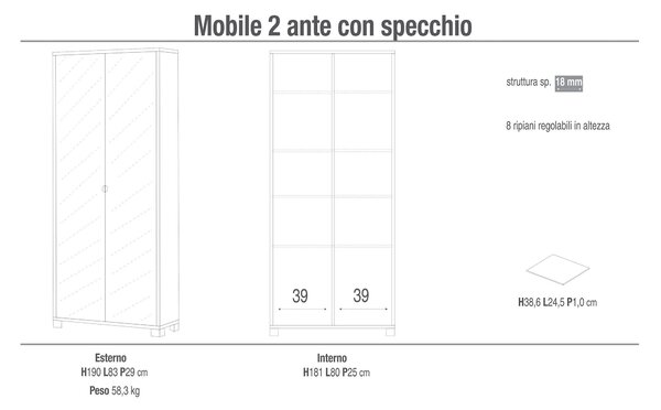 Armadio 2 Ante con Specchio 83x190x29 cm Bianco Fiammato