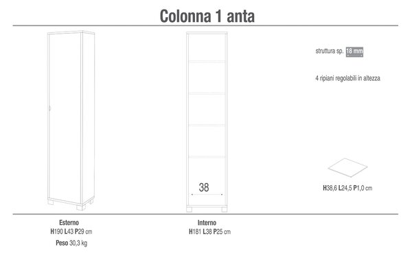 Armadio 1 Anta 43x190x29 cm Bianco Fiammato