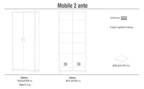 Armadio 2 Ante 83x190x29 cm Bianco Fiammato