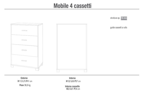 Mobile 4 Cassetti 70x112x41 cm Olmo Chiaro/Bianco Fiammato