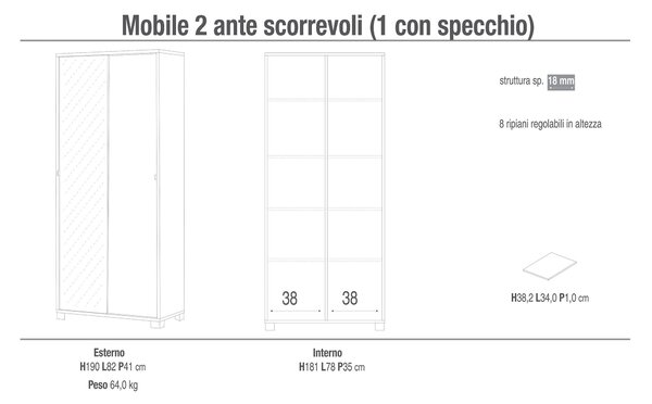 Armadio 2 Ante Scorrevoli con Specchio 82x190x41 cm Bianco Fiammato