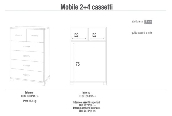 Mobile 4+2 Cassetti 70x112x41 cm Olmo Chiaro