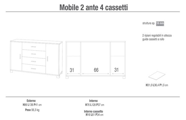 Mobile 2 Ante 4 Cassetti 136x86x41 cm Cemento