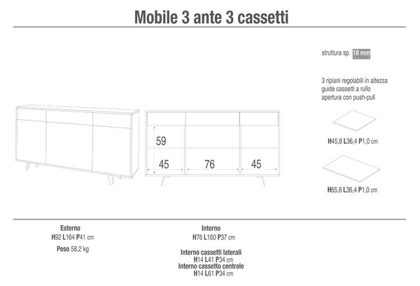 Mobile 3 Ante 3 Cassetti 164x92x41 cm Ossido Bianco/Bianco Lucido