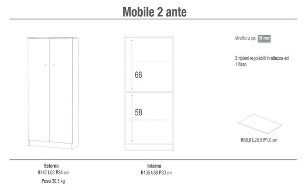 Mobile 2 Ante 62x147x34 cm Eucalipto