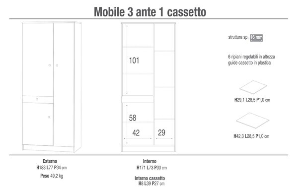 Armadio 3 Ante 1 Cassetto 77x183x34 cm Eucalipto