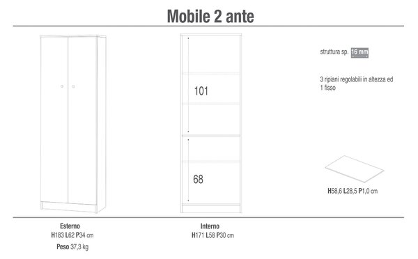 Mobile 2 Ante 62x182x34 cm Bianco Lisco