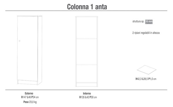 Armadio 1 Anta 46x147x34 cm Eucalipto