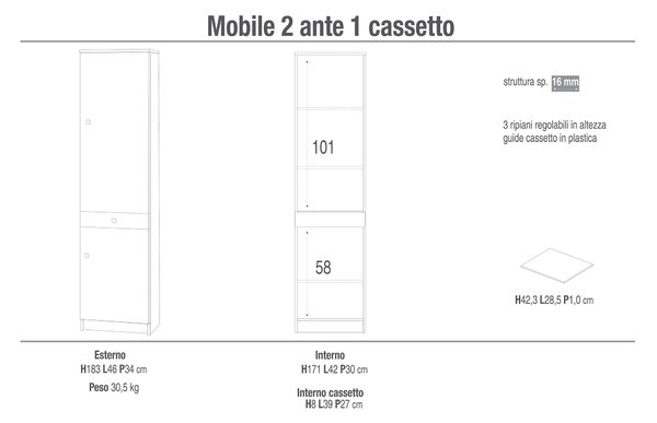 Armadio 2 Ante 1 Cassetto 46x183x34 cm Bianco Lisco