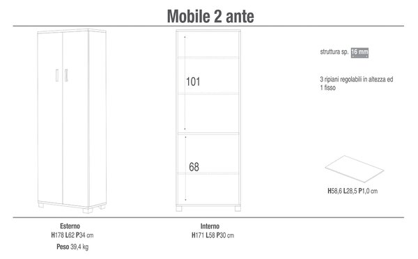 Armadio 2 Ante 62x178x34 cm Bianco Fiammato