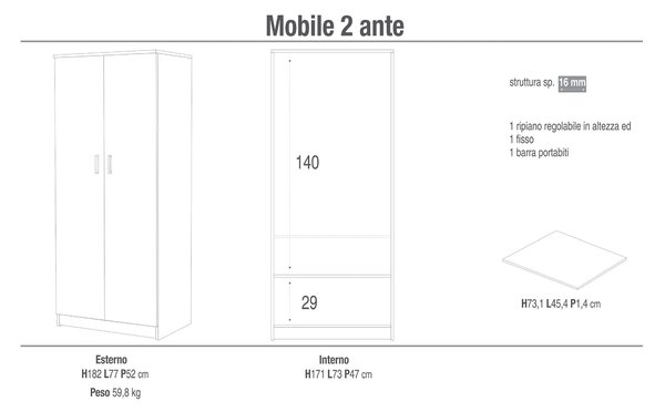 Armadio 2 Ante 77x182x52 cm Bianco Lisco