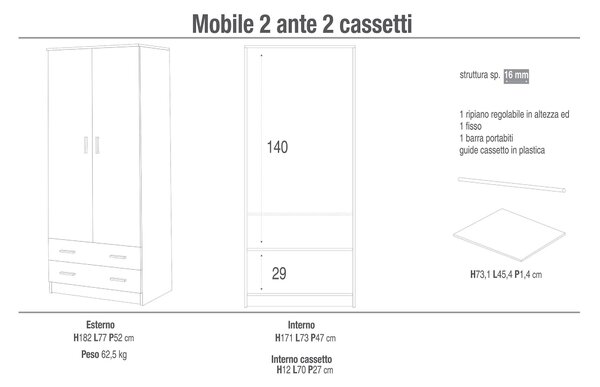 Armadio 2 Ante 2 Cassetti 77x182x52 cm Bianco Lisco