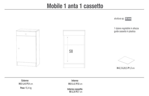 Mobile 1 Ante 1 Cassetto 46x80x34 cm Bianco Lisco
