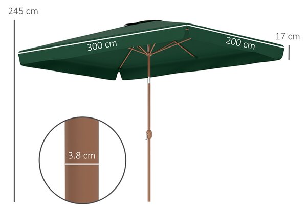Outsunny Ombrellone da Giardino 2x3 m con Apertura a Manovella, Inclinabile e Anti UV 50+, Verde