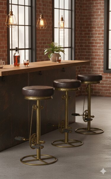 Sgabello da Bar H80 cm in Acciaio Seduta in Vera Pelle Cycle Oro