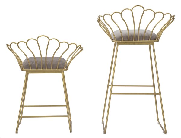 Sgabello Glam Flower Grigio 57x52x94-56x48x72,50 cm in Ferro e Spugna e Tessuto Oro e Grigio