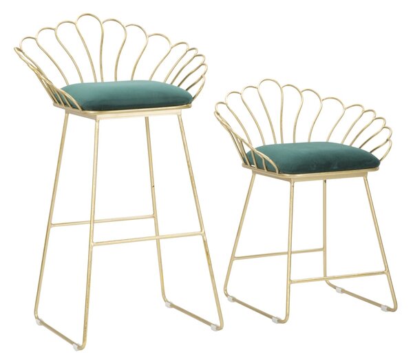 Sgabello Glam Flower Rosa Coppia 57x52x94-56x48x72,50 cm in Ferro Poliestere e Spugna Verde e Oro