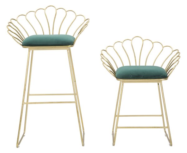 Sgabello Glam Flower Rosa Coppia 57x52x94-56x48x72,50 cm in Ferro Poliestere e Spugna Verde e Oro