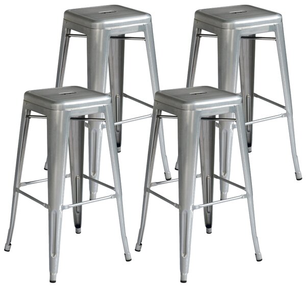 Set 4 Sgabelli Impilabili 44x44x77 cm in Lamiera Galvanizzata Silver