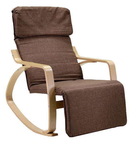 Sedia a Dondolo in Tessuto e Legno con Cuscino e Poggiapiedi 67x130xH95cm Marrone