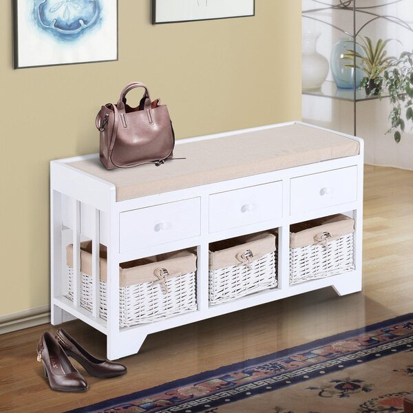 Panca Contenitore in Legno con Cassetti e Ceste in Vimini Bianco 98x34x52 cm