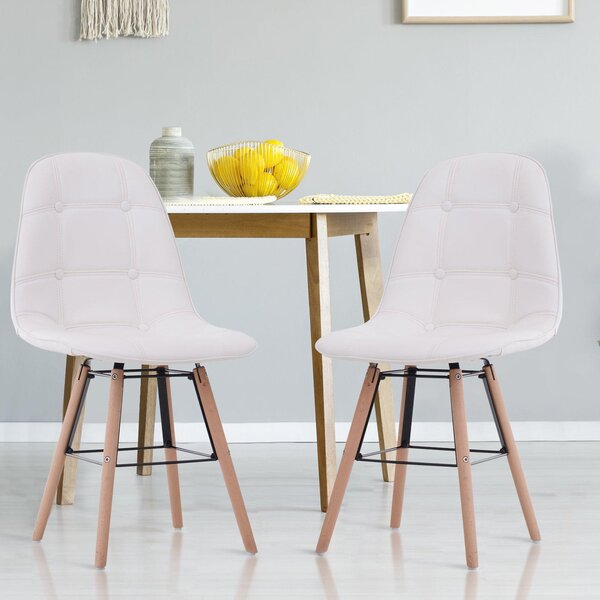 Set 2 Sedie da Pranzo di Design Imbottite con Gambe in Legno e Metallo Crema
