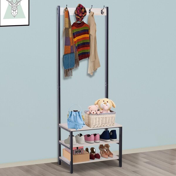 Panchina Appendiabiti con Ganci e Ripiani Scarpiera in Legno e Acciaio 60x40x175 cm