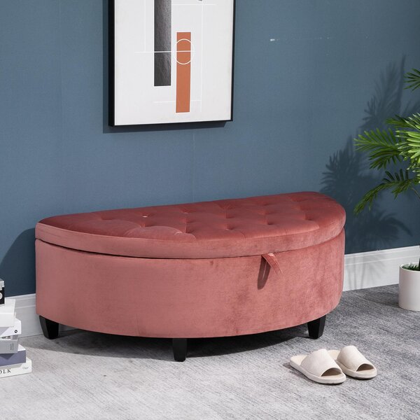 Panca Contenitore Semicircolare Imbottita in Tessuto Velluto 120x60x42 cm Rosa