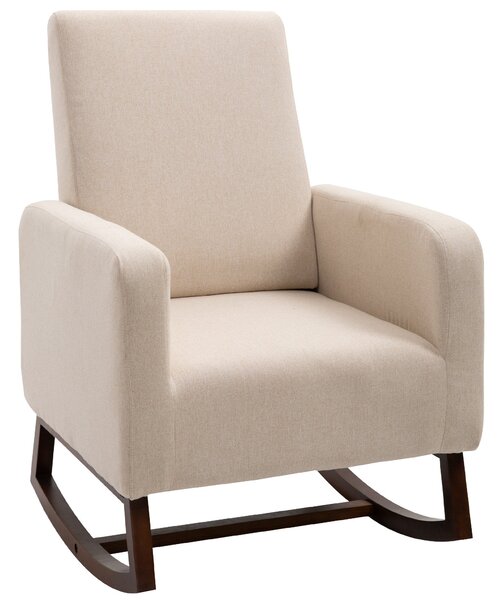 Poltrona a Dondolo Imbottita 77x92x100 cm in Legno e Lino Beige