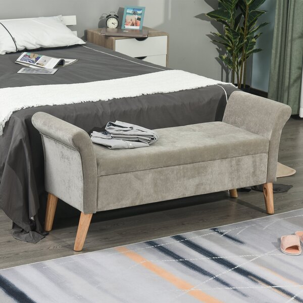 Panca Pouf Contenitore in Tessuto Imbottito con Braccioli 136,5x45x62 cm Grigia