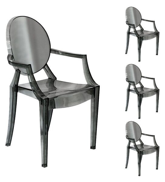 Set 4 Sedie con Braccioli 54x48,5x92 cm in Policarbonato da Interno Elizabet Grigio Fume