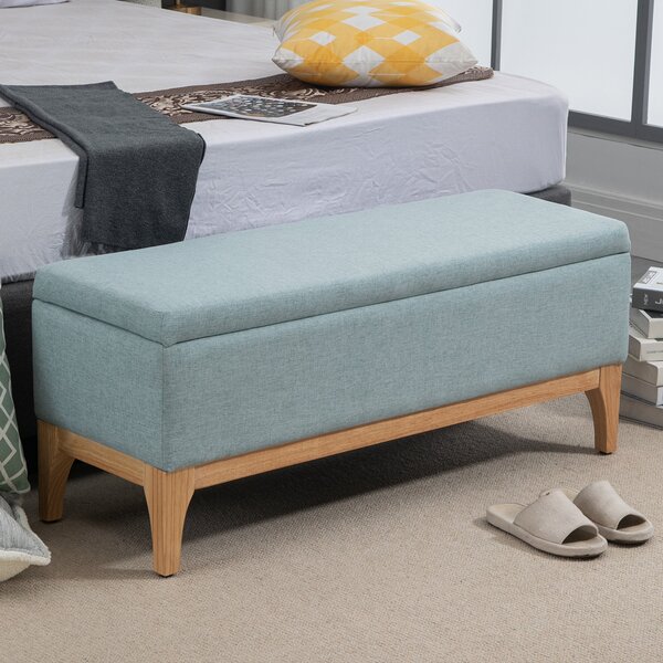 Panca Pouf Contenitore Imbottita 110x39x45 cm in Tessuto Effetto Lino Azzurro
