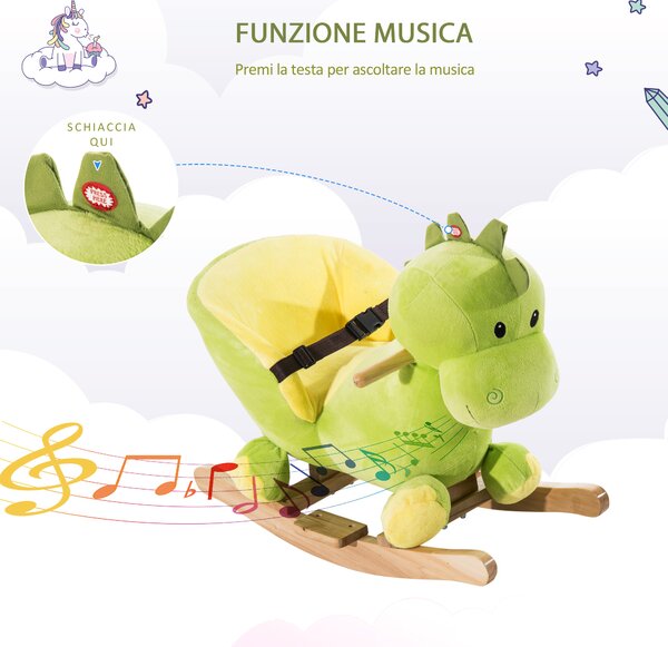 HOMCOM Cavallo a Dondolo per Bambini in Legno, a Forma di Dinosauro, Cavalluccio per Bambini con Cintura di Sicurezza, Verde e Giallo | Aosom Italy